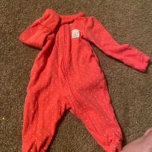 Carter’s white polkadots, zipup footed sleeper, sleeves fold down for mittens